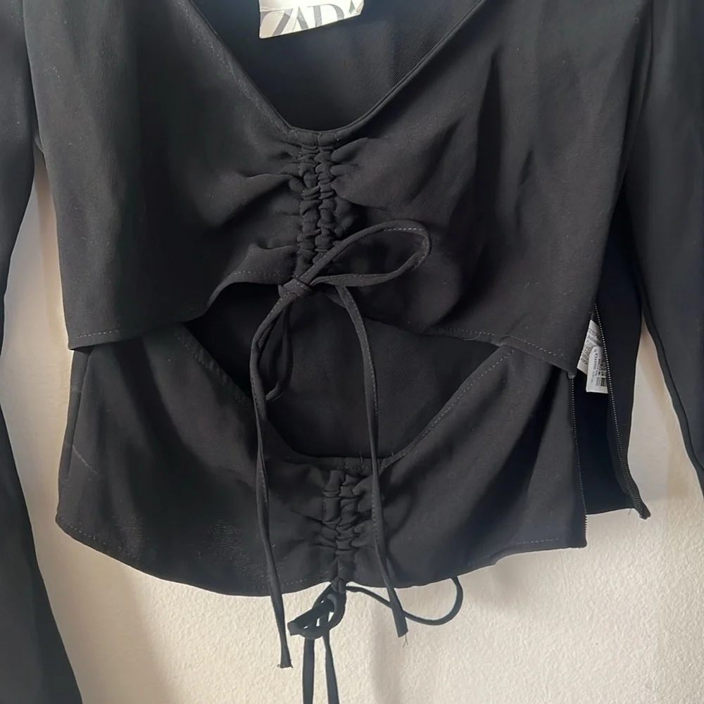 Zara black top long sleeve front open double lace left zipper up grunge Y2K